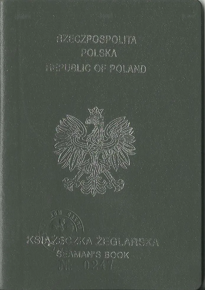 A dark green booklet cover with a silver eagle and the words Republic of Poland and Seaman's Book.