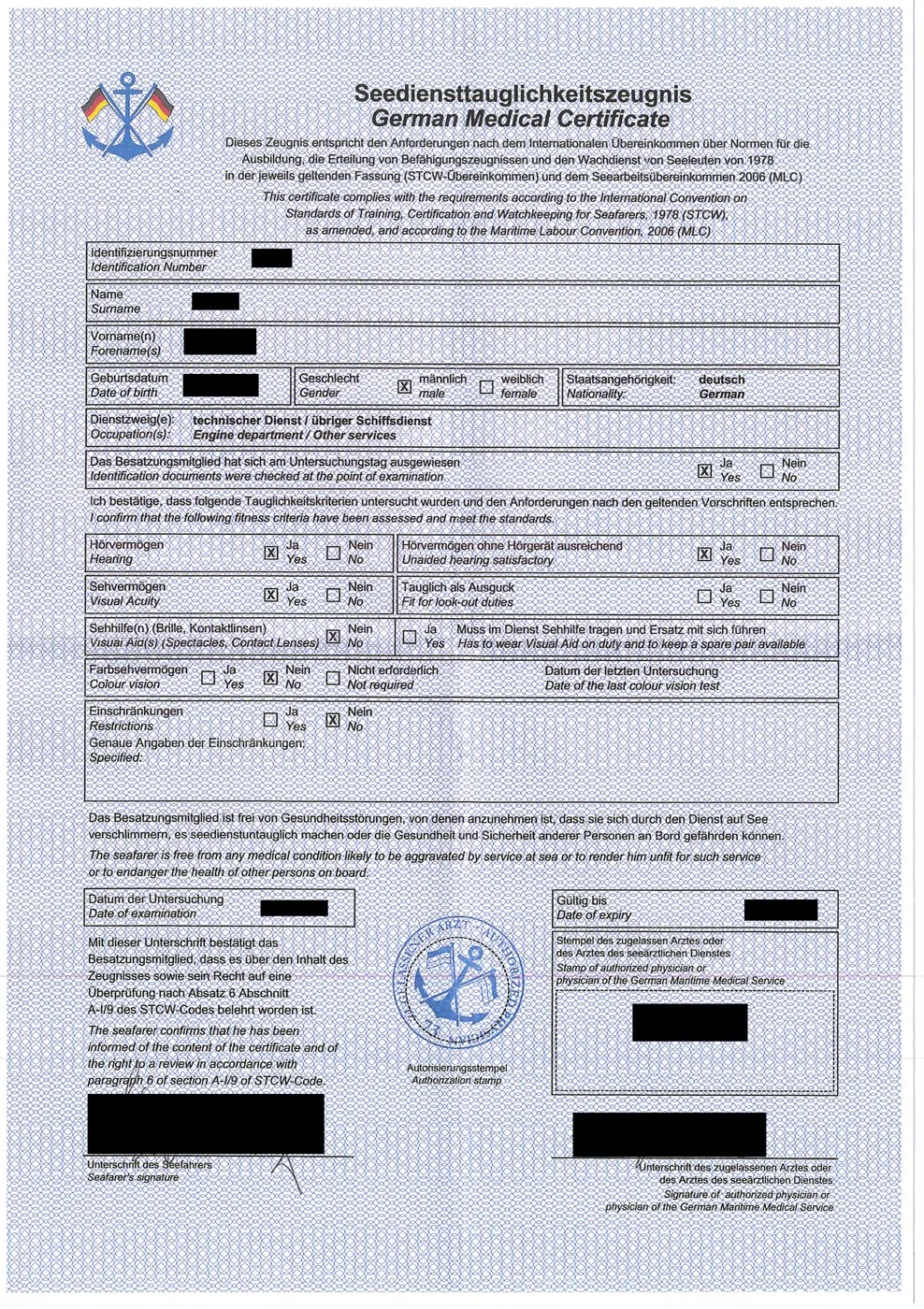 A printed German seafarer medical certificate in German and English, with tick boxes for hearing and eyesight, a round doctor's stamp and black bars over names and dates.