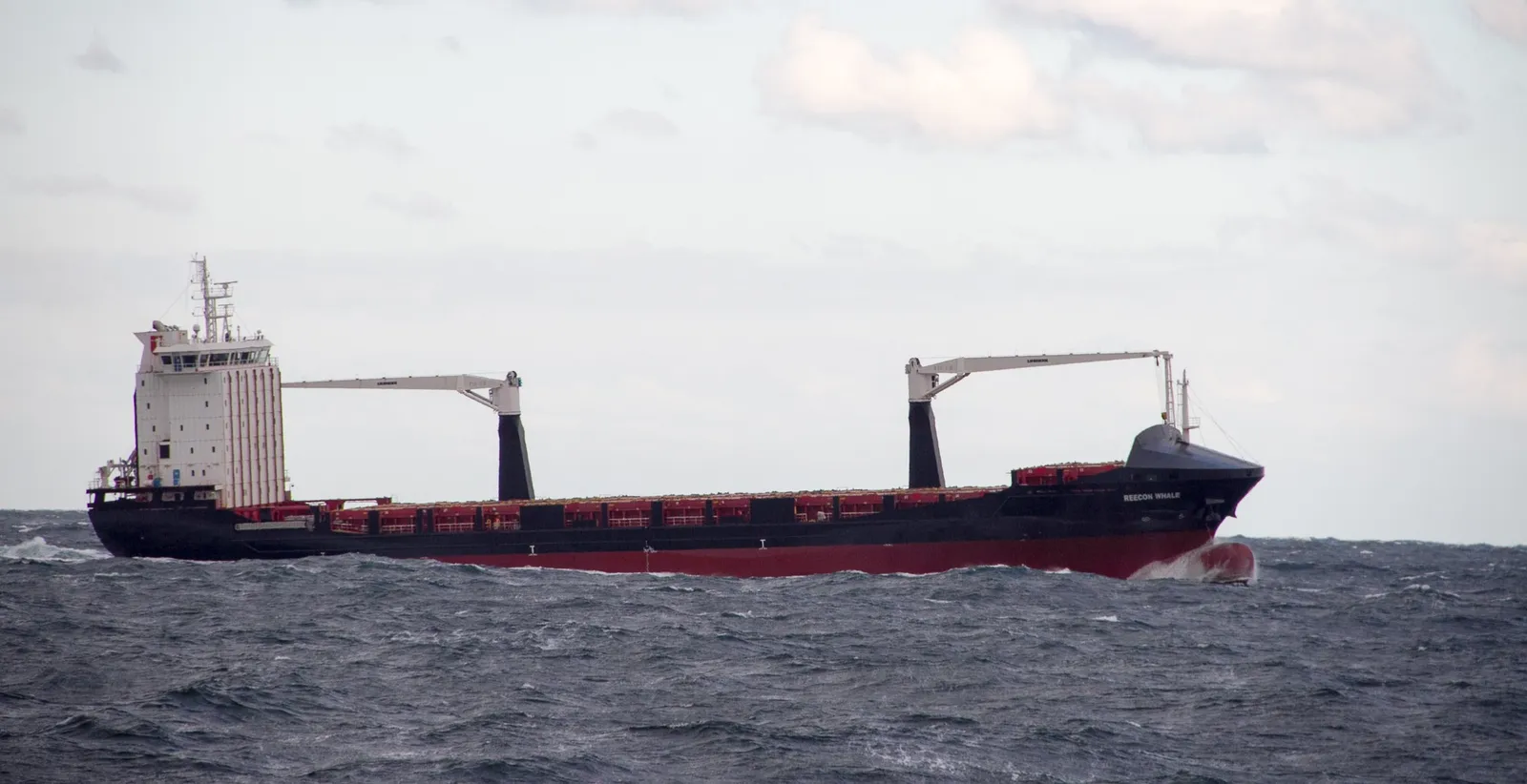 A container ship with a white bridge, two cranes and red containers sails on grey, choppy sea.