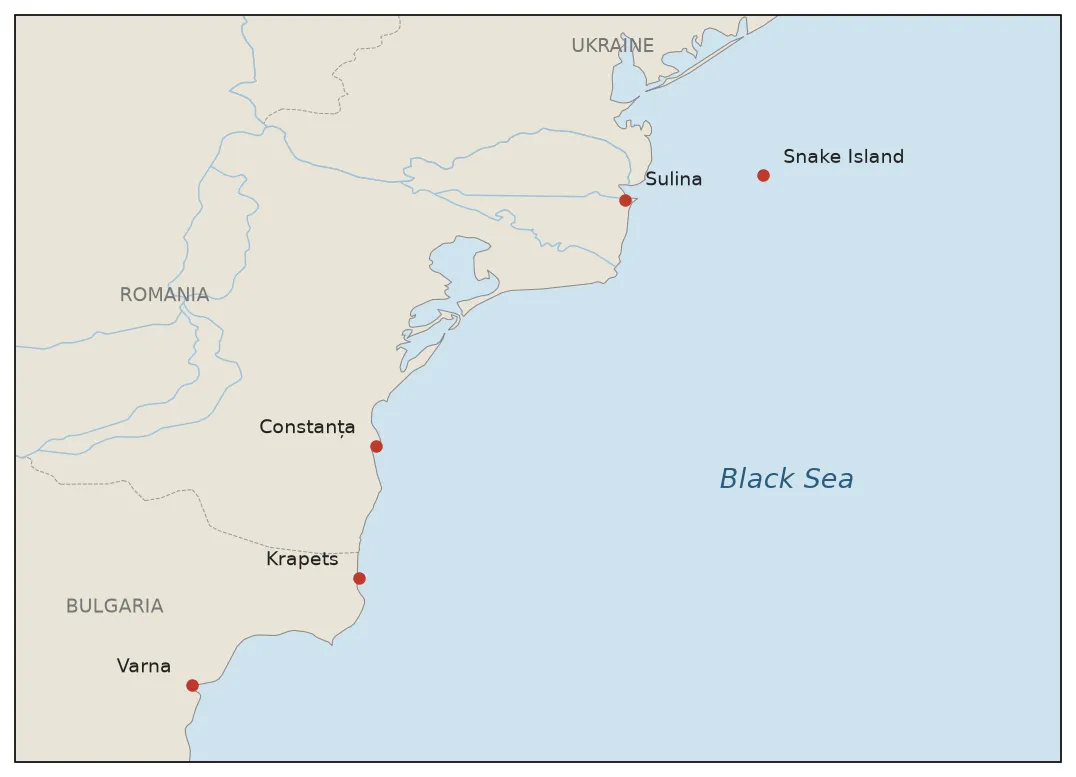 Map of the western Black Sea coast of Romania and Bulgaria with Sulina, Snake Island, Constanța, Krapets and Varna marked.