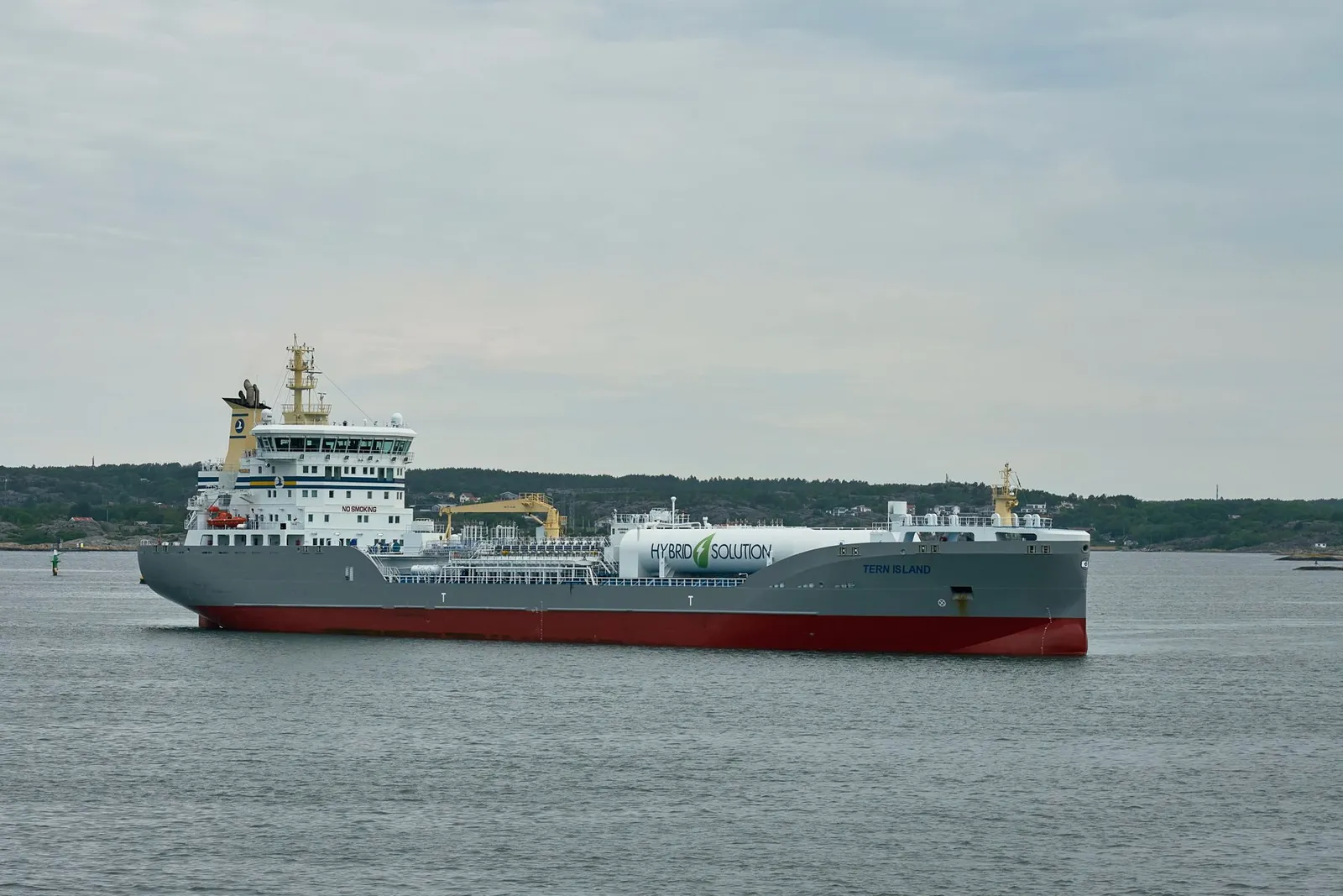 A grey and red tanker at anchor in calm water, with a green coast behind it.