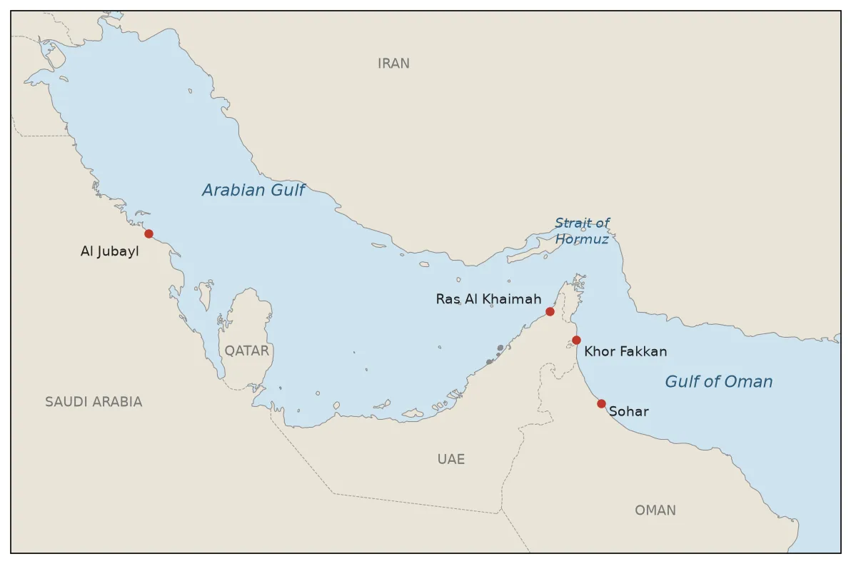 Map of the Arabian Gulf, Strait of Hormuz and Gulf of Oman with Al Jubayl, Ras Al Khaimah, Khor Fakkan and Sohar marked.