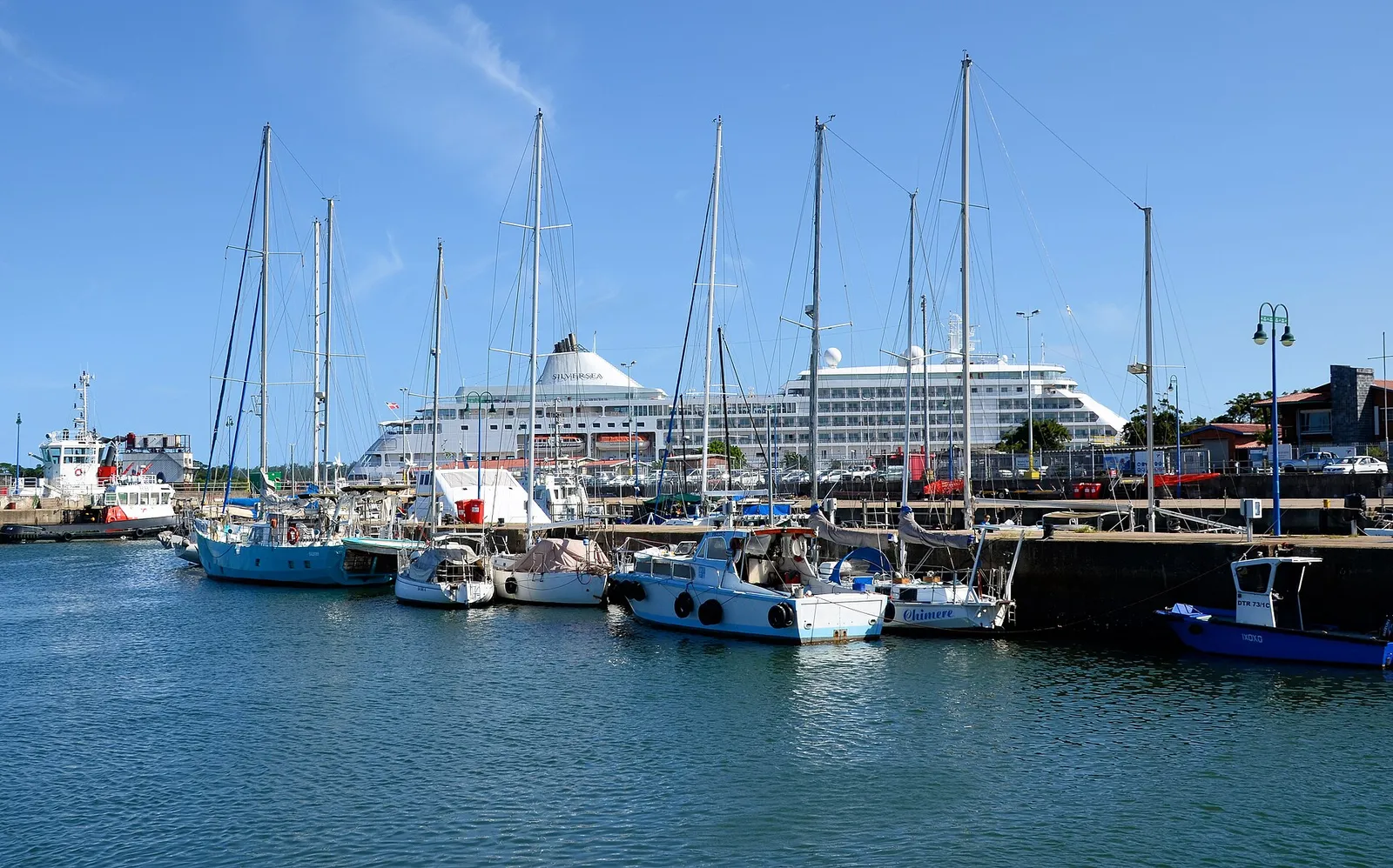 Yachts and small boats in a harbour, with a cruise ship behind them