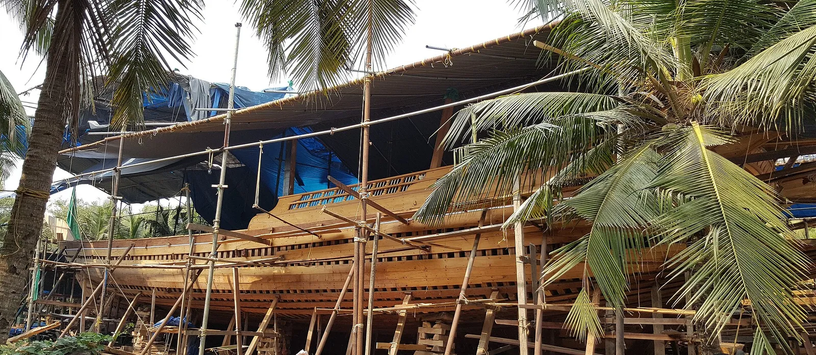 A large wooden ship hull under construction, with bamboo scaffolding and palm trees around it