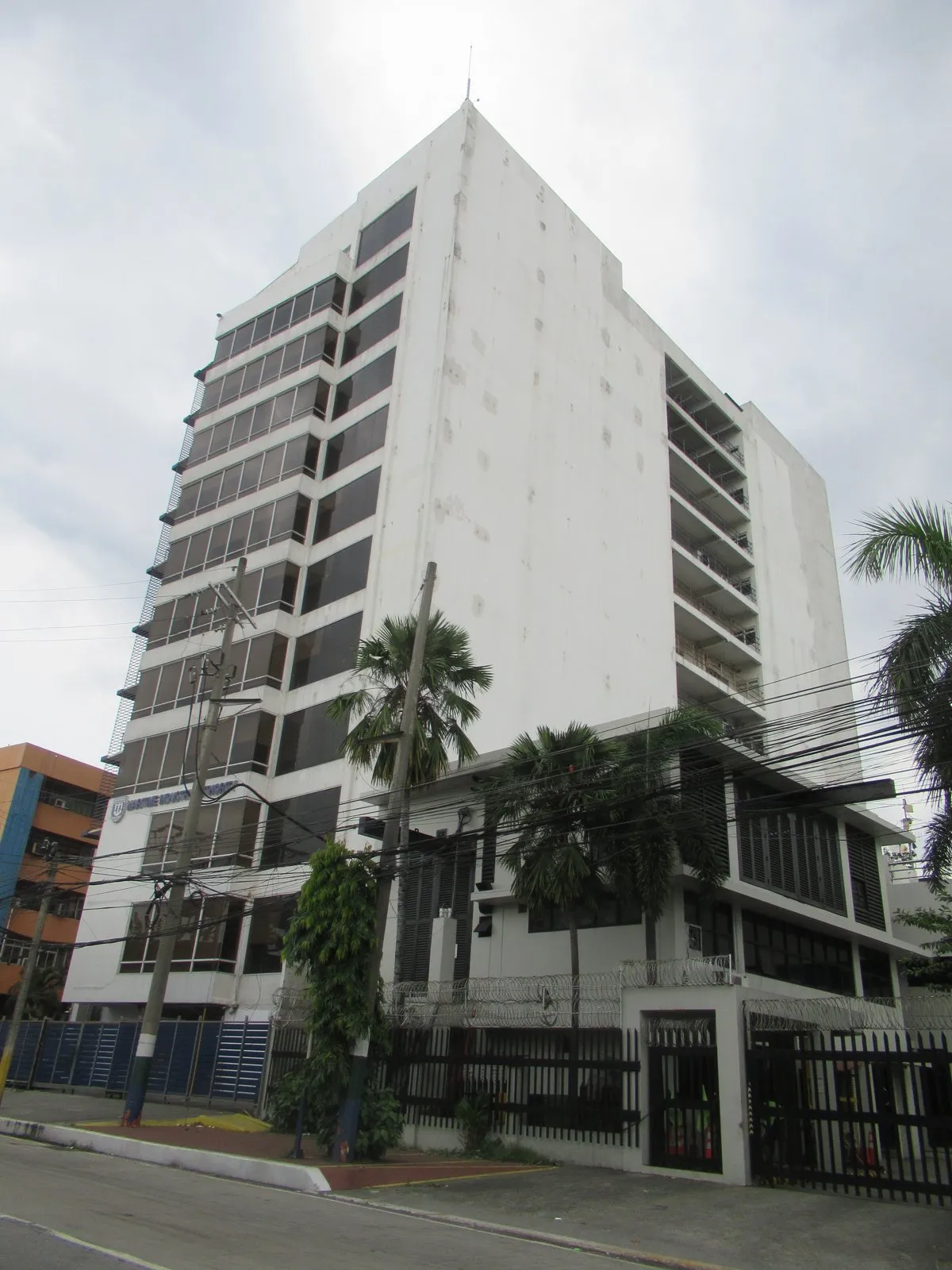 A tall white office building with rows of windows behind palm trees and a blue fence, on a street in Manila.