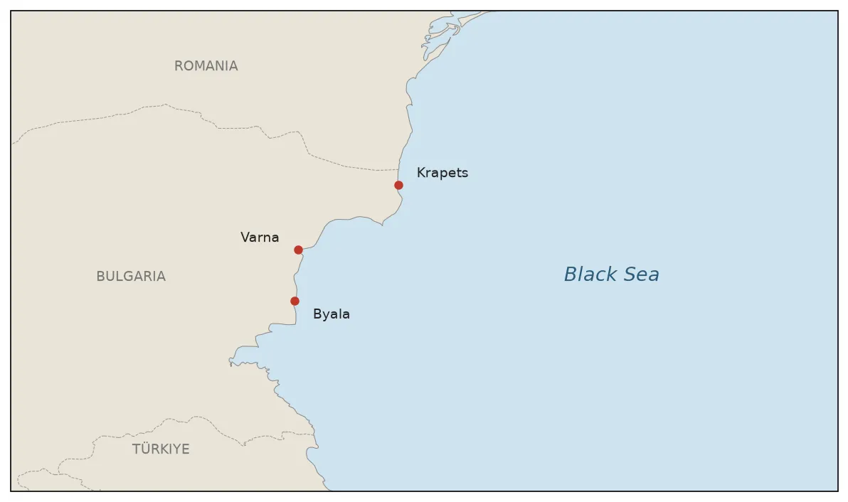 Map of the western Black Sea and Bulgarian coast with Krapets, Varna and Byala marked.